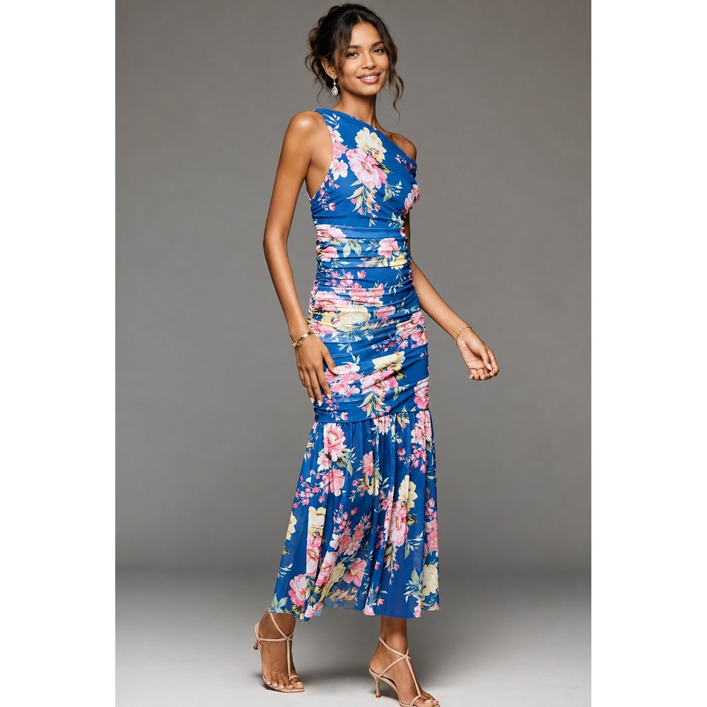 ANTHROPOLOGIE Women's New XS Maxi Dress Off Shoulder Printed Mesh Blue Floral